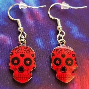 HALLOWEEN Red and Black Candy skull Day of the Dead earrings